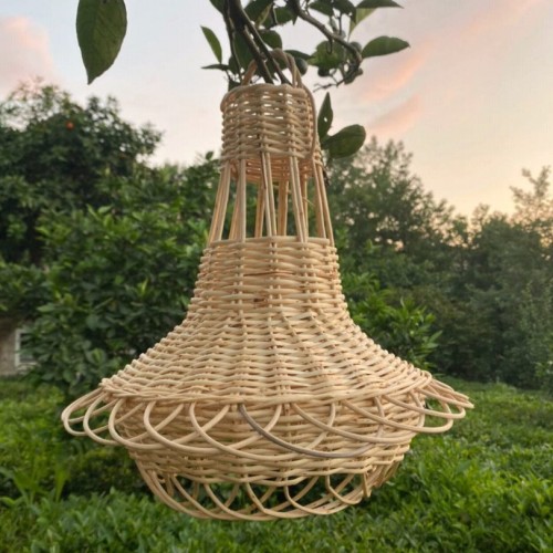 Bambu Hasır Rattan Sarkıt Avize - Dantelli Armut 35 Cm