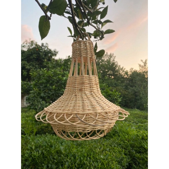 Bambu Hasır Rattan Sarkıt Avize - Dantelli Armut 35 Cm