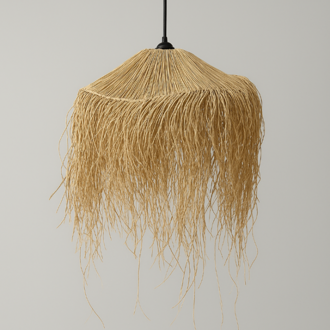 Doğal Saçaklı Şapka 50x55cm Dekoratif Hasır Rafya Avize